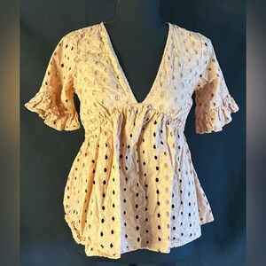 ASOS Peach Eyelet Babydoll Top | Flutter Sleeve Boho | Size 2